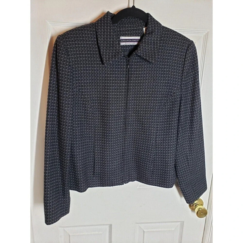 Amanda Smith Size 10 Jacket Full Zip Gray & Black Front Pockets 100% Wool